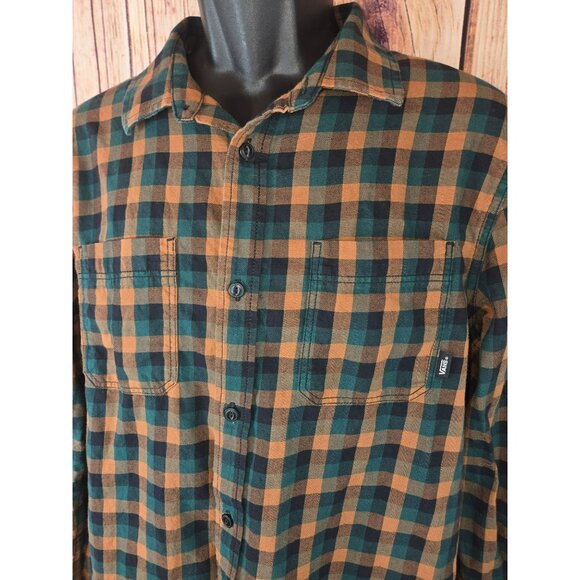 Vans Mens Medium Plaid Button-Up Flannel Shirt Green/Orange Tailored Fit Cotton - Picture 3 of 8